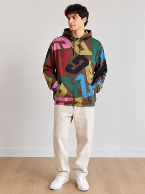 Gap Logo Pullover Hoodie Men’s Large Multicolor Brown AOP Sweatshirt
